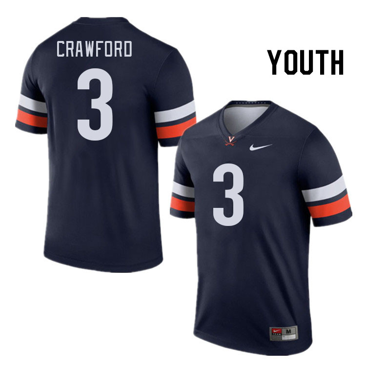 Youth #3 Delaney Crawford Virginia Cavaliers College Football Jerseys Stitched Sale-Navy